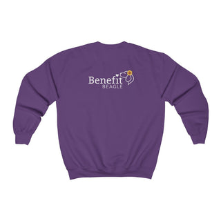 You are my Sunshine Unisex Crewneck Sweatshirt in Purple. Shown is back of shirt featuring the Sunflower Benefit Beagle Logo. The front showcases a sunflower which is split down the middle and half is made out of paw prints. Underneath is the phrase "You are my Sunshine".