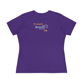 Beagle-Thirty Mugs Women's Premium Tee in Team Purple. Shown is back of shirt featuring "Beagle-Thirty" Benefit Beagle Logo. The front Showcases Two Dog Adorned Mugs clinking with, "It's Beagle-Thirty" written above it.