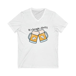 Beagle-Thirty Mugs Unisex Short Sleeve V-Neck Tee in White. The front of shirt showcases Two Dog Adorned Mugs clinking with the saying, "It's Beagle-Thirty" above it. Back of shirt features corresponding Benefit Beagle Logo.