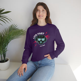 Play Hard Unisex Heavy Blend Crewneck Sweatshirt in Purple. The design features a cool dog with sunglasses and lightening bolts around it. The phrase "Live Fast, Play Hard" is around the design.