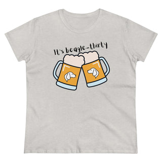 Beagle-Thirty Mugs Women's Midweight Cotton Tee in Ash. The front of shirt showcases Two Dog Adorned Mugs clinking with the saying, "It's Beagle-Thirty" above it. Back of shirt features corresponding Benefit Beagle Logo.