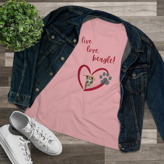 Live, Love, Beagle Women's Premium Tee in Pink. The Live, Love, Beagle design features a dog running through a heart with the phrase "Live, Love, Beagle!" above it.