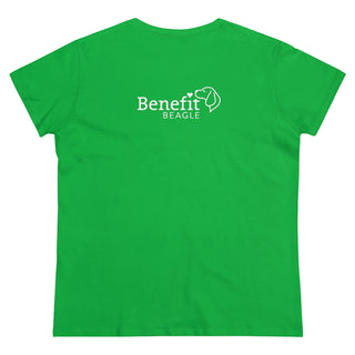 Easily Distracted Women's Midweight Cotton Tee in Irish Green. Shown is back design with the classic Benefit Beagle Logo. The front design features a dog waving with the saying "Easily Distracted by Dogs" below it.