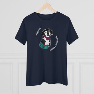 Signature Tattoo Roses Women's Premium Tee in Navy. Shown is front of shirt with the Signature Tattoo Roses design featuring a dog with roses around it and the phrase "Beagletude" and "Nothing is Impawssible". Back of shirt features the Benefit Beagle Logo.