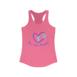 Live, Love, Beagle Women's Ideal Racerback Tank in Hot Pink. The Live, Love, Beagle design features a dog running through a heart with the phrase "Live, Love, Beagle!" under it.