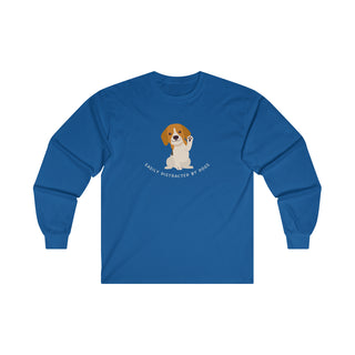 Easily Distracted Ultra Cotton Long Sleeve Tee in Royal. Shown is front design featuring a dog waving with the saying "Easily Distracted by Dogs" below it. The back of shirt has the classic Benefit Beagle Logo.