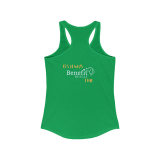 Beagle-Thirty Mugs Women's Racerback Tank in Kelly Green. Shown is back of shirt featuring "Beagle-Thirty" Benefit Beagle Logo. The front Showcases Two Dog Adorned Mugs clinking with, "It's Beagle-Thirty" written above it.