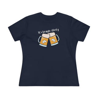 Beagle-Thirty Mugs Women's Premium Tee in Navy. The front of shirt showcases Two Dog Adorned Mugs clinking with the saying, "It's Beagle-Thirty" above it. Back of shirt features corresponding Benefit Beagle Logo.