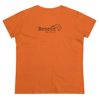 Easily Distracted Women's Midweight Cotton Tee in Orange. Shown is back design with the classic Benefit Beagle Logo. The front design features a dog waving with the saying "Easily Distracted by Dogs" below it.