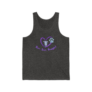 Live, Love, Beagle Unisex Jersey Tank in Charcoal Black Triblend. The Live, Love, Beagle design features a dog running through a heart with the phrase "Live, Love, Beagle!" under it.