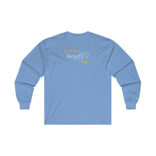 Beagle-Thirty Mugs Unisex Ultra Cotton Long Sleeve Tee in Carolina Blue. Shown is back of shirt featuring "Beagle-Thirty" Benefit Beagle Logo. The front Showcases Two Dog Adorned Mugs clinking with, "It's Beagle- Thirty" written above it.