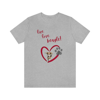 Live, Love, Beagle Unisex Jersey Short Sleeve Tee in Athletic Heather. The Live, Love, Beagle design features a dog running through a heart with the phrase "Live, Love, Beagle!" above it.