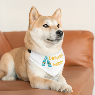 Dog wearing Beagle-Thirty Mugs Dog Collar Bandana in White. The Beagle-Thirty Mugs design features two dog paw labeled bottles clinking with the saying "Drinking buddy". Comes with adjustable black collar.