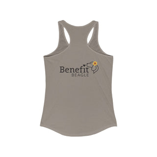 You are my Sunshine Women's Racerback Tank in Warm Grey. Shown is back of shirt featuring the Sunflower Benefit Beagle Logo. The front showcases a sunflower which is split down the middle and half is made out of paw prints. Underneath is the phrase "You are my Sunshine".