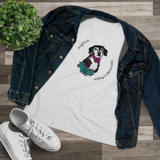 Signature Tattoo Roses Women's Premium Tee in White. Shown is front of shirt with the Signature Tattoo Roses design featuring a dog with roses around it and the phrase "Beagletude" and "Nothing is Impawssible". Back of shirt features the Benefit Beagle Logo.