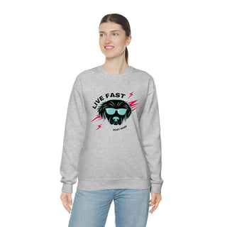 Play Hard Unisex Heavy Blend Crewneck Sweatshirt in Ash. The design features a cool dog with sunglasses and lightening bolts around it. The phrase "Live Fast, Play Hard" is around the design.