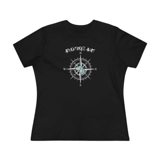 Adventures Await Women's Premium Tee in Black. The front of shirt features the Adventures Await design with a dog inside a nautical compass and the words "Adventures Await" above it. The back of the shirt has similar Benefit Beagle Logo.