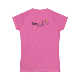 You are my Sunshine Women's Softstyle Tee in Azalea. Shown is back of shirt featuring the Sunflower Benefit Beagle Logo. The front showcases a sunflower which is split down the middle and half is made out of paw prints. Underneath is the phrase "You are my Sunshine".