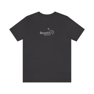 Bee Pawsitive Unisex Jersey Short Sleeve Tee in Dark Grey. The front of shirt features the Bee Pawsitive Benefit Beagle Logo. The back of shirt showcases a dog dressed as a bee in a field of sunflowers with "Bee Pawsitive" written above.