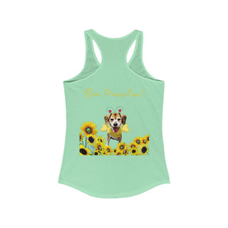 Bee Pawsitive Women's Racerback Tank in Mint. Shown is back of shirt showcasing a dog dressed as as bee in a a field of sunflowers with the phrase "Bee Pawsitive!" above it. The front features the Bee Pawsitive Benefit Beagle Logo