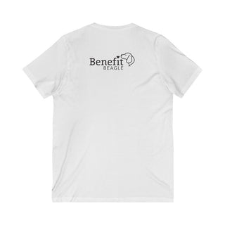 Signature Tattoo Flowers Unisex Jersey Short Sleeve V-Neck Tee in White. Shown is back of shirt with the Benefit Beagle Logo. Front of shirt has the Signature Tattoo Flowers design featuring a dog with flowers around it and the phrase "Beagletude" and "Nothing is Impawssible"