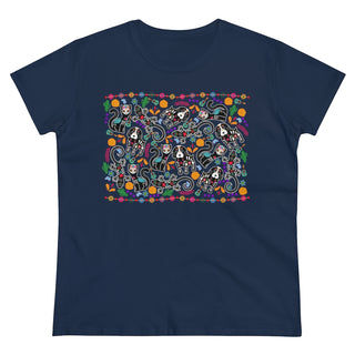 Dia De Los Muertos Women's Midweight Cotton Tee Shirt in Navy. Shown is the front of shirt featuring print of dogs and cats with Dia de los Muertos traditional decorations. On the back is a similar Benefit Beagle Logo.