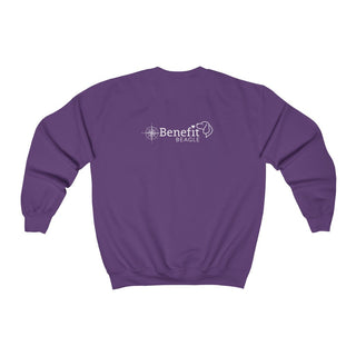 Adventures Await Unisex Crewneck Sweatshirt in Purple. Shown is the back of shirt with a Nautical Compass Benefit Beagle Logo. The front of shirt features the Adventures Await design with a dog inside a nautical compass and the words "Adventures Await" above it.