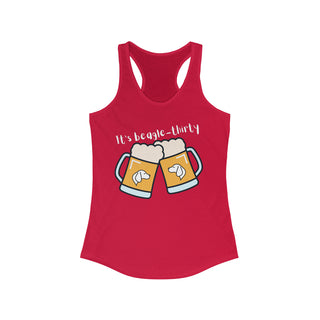 Beagle-Thirty Mugs Women's Racerback Tank in Red. The front of shirt showcases Two Dog Adorned Mugs clinking with the saying, "It's Beagle-Thirty" above it. Back of shirt features corresponding Benefit Beagle Logo.