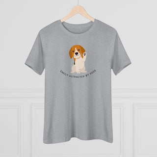 Easily Distracted Women's Premium Tee in Athletic Heather. Shown is front design featuring a dog waving with the saying "Easily Distracted by Dogs" below it. The back of shirt has the classic Benefit Beagle Logo.