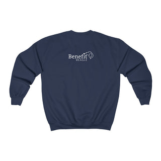 Signature Tattoo Roses Crewneck Sweatshirt in Navy. Shown is back of shirt with the Benefit Beagle Logo. Front of shirt has the Signature Tattoo Roses design featuring a dog with roses around it and the phrase "Beagletude" and "Nothing is Impawssible".