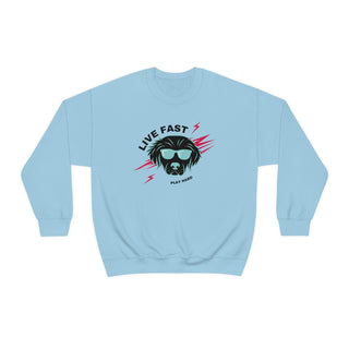 Play Hard Unisex Heavy Blend Crewneck Sweatshirt in Light Blue. The design features a cool dog with sunglasses and lightening bolts around it. The phrase "Live Fast, Play Hard" is around the design.