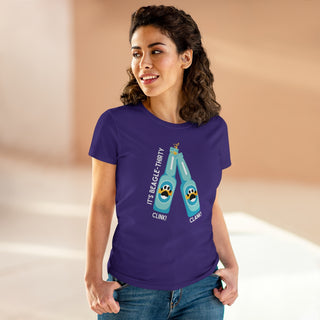 Beagle-Thirty Bottles Women's Midweight Cotton Tee in Purple. The front of shirt showcases Two Paw Labeled Bottles clinking with the saying, "It's Beagle-Thirty". Back of shirt features corresponding Benefit Beagle Logo.