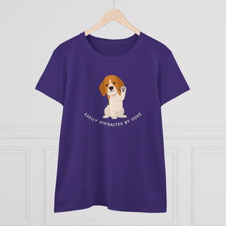 Easily Distracted Women's Midweight Cotton Tee in Team Purple. Shown is front design featuring a dog waving with the saying "Easily Distracted by Dogs" below it. The back of shirt has the classic Benefit Beagle Logo.