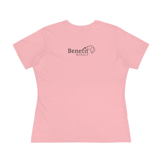 Signature Tattoo Roses Women's Premium Tee in Pink. Shown is back of shirt with the Benefit Beagle Logo. Front of shirt has the Signature Tattoo Roses design featuring a dog with roses around it and the phrase "Beagletude" and "Nothing is Impawssible".