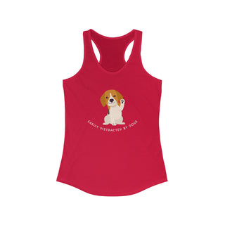 Easily Distracted Women's Racerback Tank in Red. Shown is front design featuring a dog waving with the saying "Easily Distracted by Dogs" below it. The back of shirt has the classic Benefit Beagle Logo.