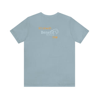 Beagle-Thirty Mugs Unisex Jersey Short Sleeve Tee in Light Blue. Shown is back of shirt featuring "Beagle-Thirty" Benefit Beagle Logo. The front Showcases Two Dog Adorned Mugs clinking with, "It's Beagle- Thirty" written above it.