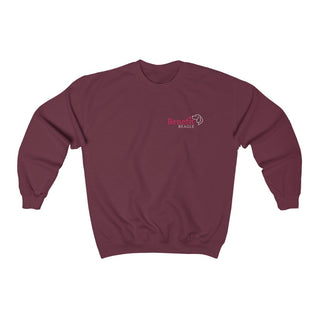 Different Pawspective Unisex Crewneck Sweatshirt in Maroon. Shown is front of shirt with Benefit Beagle logo in the top corner . On the back is large colorful pawprint with the the phrase "Life is all about finding the beauty in a different pawspective" circled around it.