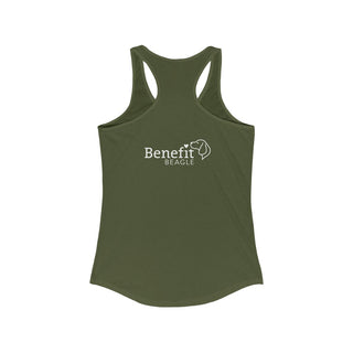 Signature Tattoo Flowers Women's Ideal Racerback Tank in Military Green. Shown is back of shirt with the Benefit Beagle Logo. Front of shirt has the Signature Tattoo Flowers design featuring a dog with flowers around it and the phrase "Beagletude" and "Nothing is Impawssible"