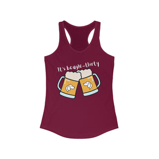 Beagle-Thirty Mugs Women's Racerback Tank in Cardinal Red. The front of shirt showcases Two Dog Adorned Mugs clinking with the saying, "It's Beagle-Thirty" above it. Back of shirt features corresponding Benefit Beagle Logo.