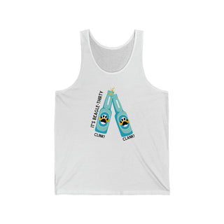 Beagle-Thirty Bottles Unisex Jersey Tank in White. The front of shirt showcases Two Paw Labeled Bottles clinking with the saying, "It's Beagle-Thirty". Back of shirt features corresponding Benefit Beagle Logo.