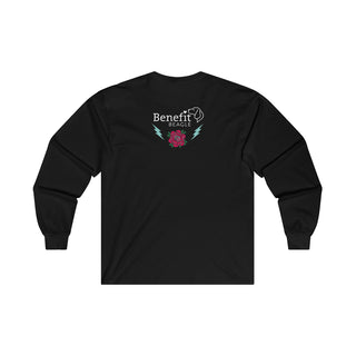 Stay Wild Ultra Cotton Long Sleeve Tee in Black.  Shown is the back of shirt with Benefit Beagle Logo complete with Tattoo Rose. On front of shirt is Stay Wild Design featuring a tattoo style rose with the phrase "Stay Wild, Play Hard" around it.