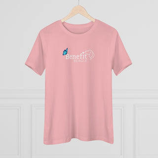 Lincoln Butterfly Women's Premium Tee in Pink. Shown is the front of shirt with Benefit Beagle Logo kissed by butterfly. The back of shirt showcases profile of a dog with a blue butterfly on its nose and the phrase "Kindness is Strength" next to it.