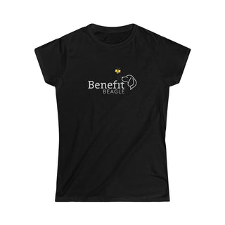 Bee Pawsitive Women's Softstyle Tee shirt in Black. The front of shirt features the Bee Pawsitive Benefit Beagle Logo. The back of shirt showcases a dog dressed as a bee in a field of sunflowers with "Bee Pawsitive" written above.