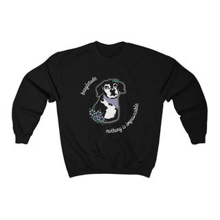 Signature Tattoo Flowers Crewneck Sweatshirt in Black. Shown is front of shirt with the Signature Tattoo Flowers design featuring a dog with flowers around it and the phrase "Beagletude" and "Nothing is Impawssible". Back of shirt features the Benefit Beagle Logo.