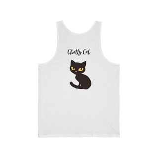 Meow Unisex Jersey Tank in White. Shown is back showcasing a wide eyed black cartoon cat with the phrase "Chatty Cat" above it. On front of shirt is the Benefit Beagle Logo featuring a peeping cat.