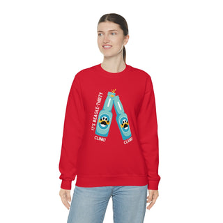 Beagle-Thirty Bottles Unisex Heavy Blend Crewneck Sweatshirt in Red. The front of shirt showcases Two Paw Labeled Bottles clinking with the saying, "It's Beagle-Thirty". Back of shirt features corresponding Benefit Beagle Logo.