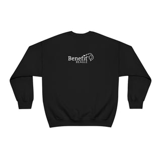 Easily Distracted Unisex Heavy Blend Crewneck Sweatshirt in Black. Shown is back design with the classic Benefit Beagle Logo. The front design features a dog waving with the saying "Easily Distracted by Dogs" below it.