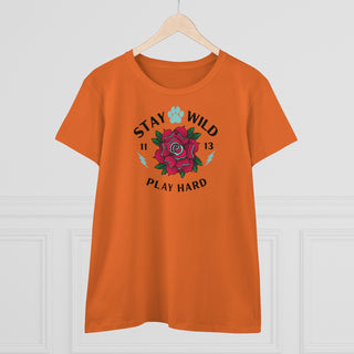 Stay Wild Women's Midweight Cotton Tee in Orange. Shown is front of Stay Wild Design features a tattoo style rose with the phrase "Stay Wild, Play Hard" around it. The back of shirt features the Stay Wild Benefit Beagle Logo Design.