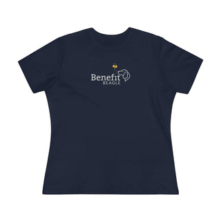 Bee Pawsitive Women's Premium Tee shirt in Navy. The front of shirt features the Bee Pawsitive Benefit Beagle Logo. The back of shirt showcases a dog dressed as a bee in a field of sunflowers with "Bee Pawsitive" written above.