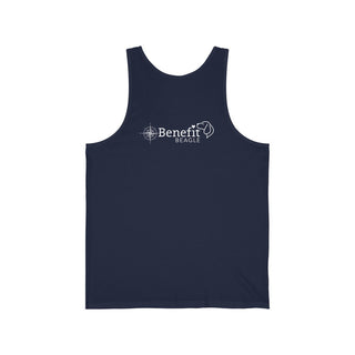 Adventures Await Unisex Jersey Tank in Navy. Shown is the back of shirt with a Nautical Compass Benefit Beagle Logo. The front of shirt features the Adventures Await design with a dog inside a nautical compass and the words "Adventures Await" above it.